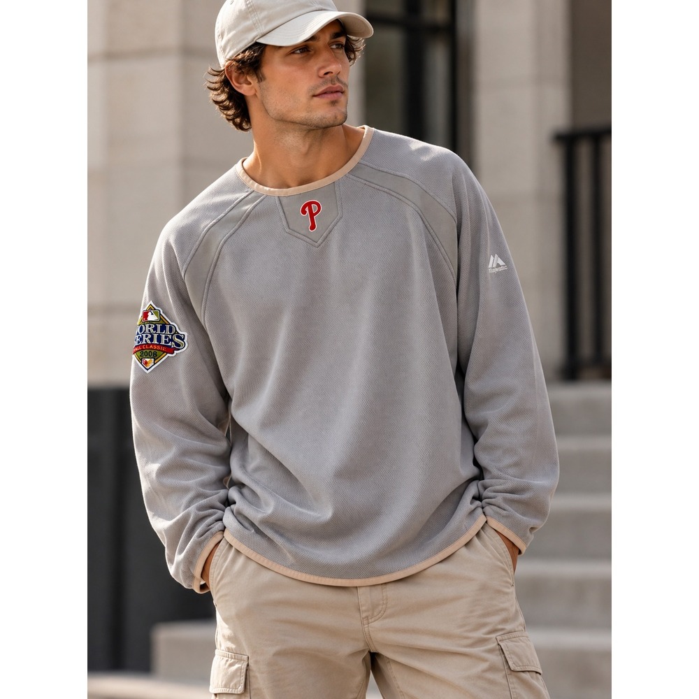 Majestic Phillies World Series 2008 Pullover Mens XL Gray Mesh Fleece Sweatshirt